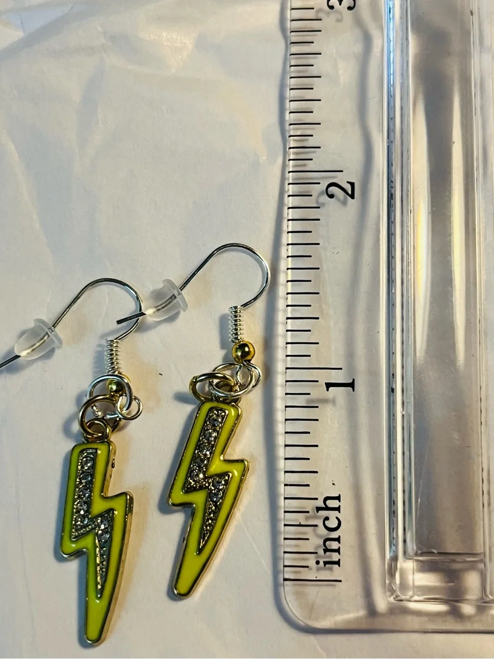 Yellow Lightning Bolt Drop Earrings with Crystal Accent